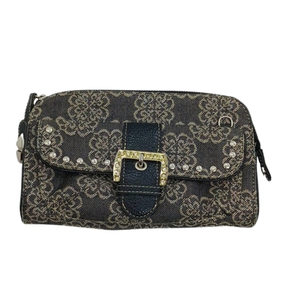 KATHY Van Zeeland Clutch Purse Gray Shimmer Studded Compartments Floral Bag